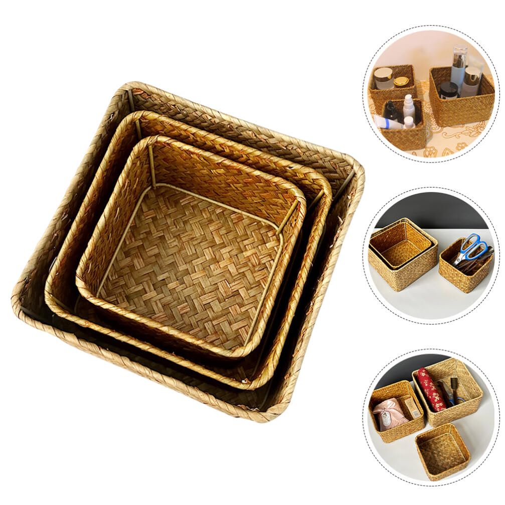 Alipis 3pièces Panier Mer Herbe Tissée Boîte De Rangement Carrée Multifonctionnelle Pour Cuisine Panier Pour Organiser Vos Affaires Maison