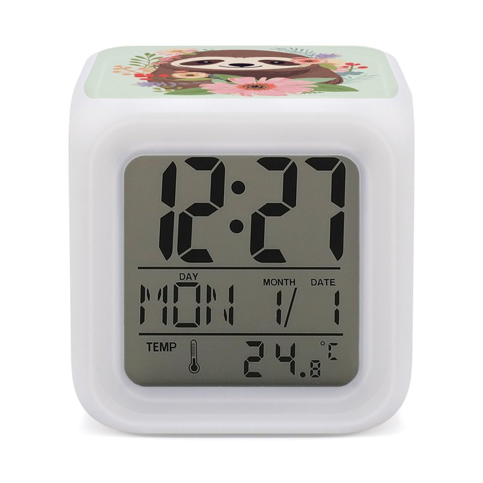 FekiLoot Sloth and Flowers Alarm Clock for Heavy Sleepers Small Digital Alarm Clock with Date Temperature Wake Up Digital Clocks with 7 Colors Changing Desk Clocks for Bedroom Bedside Nightstand