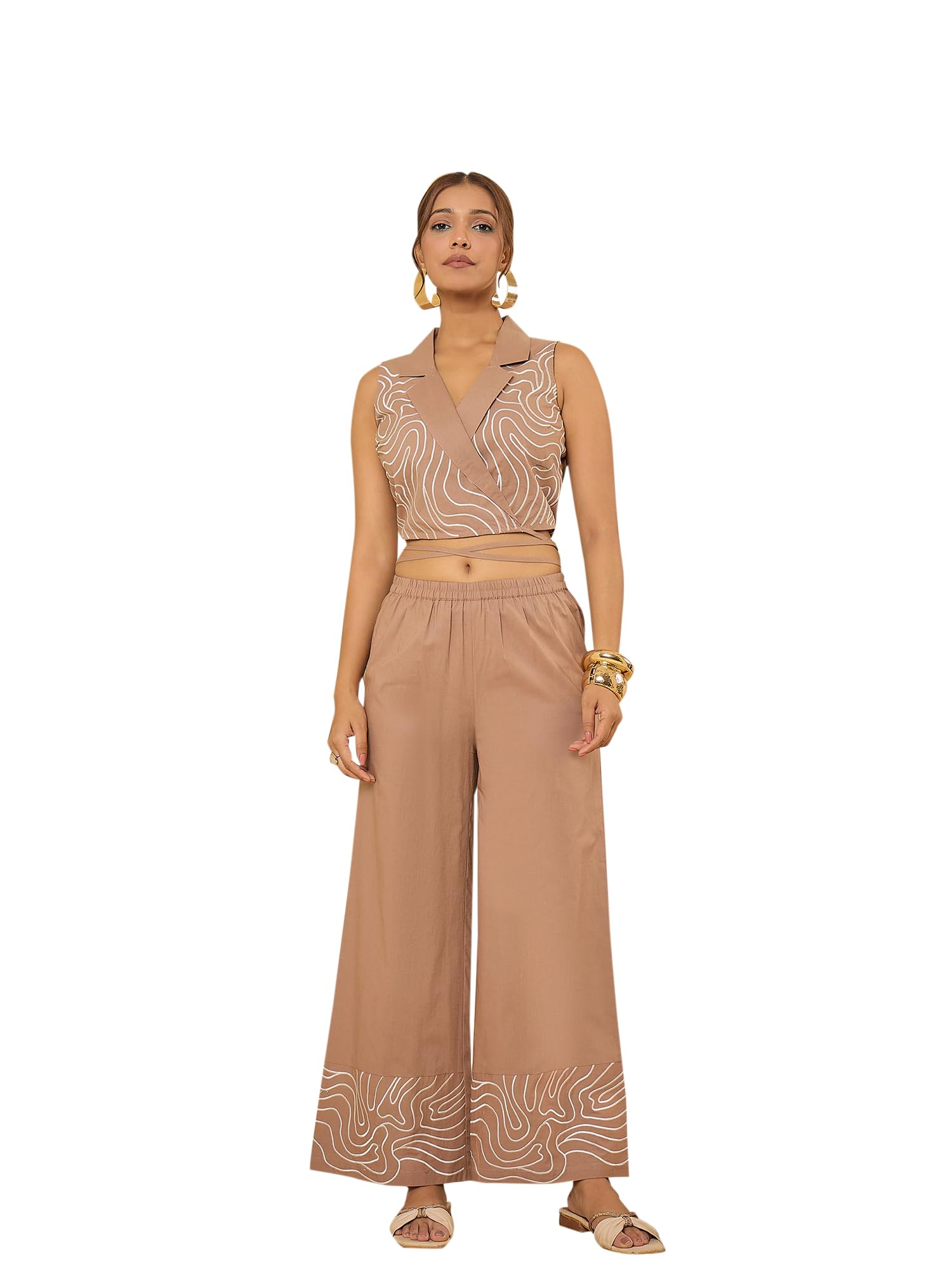 Brown Cotton Embroidered Wrap Top Co-ord Set-image-4