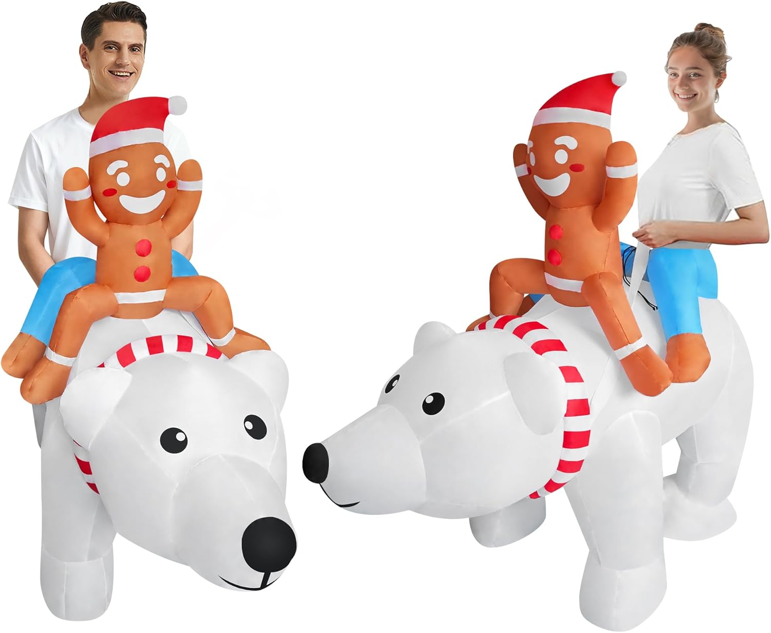 Funny Inflatable Gingerbread Man Riding On Polar Bear Costume Blow-Up Outfit for Adult/Christmas Parade/Halloween - Image 2