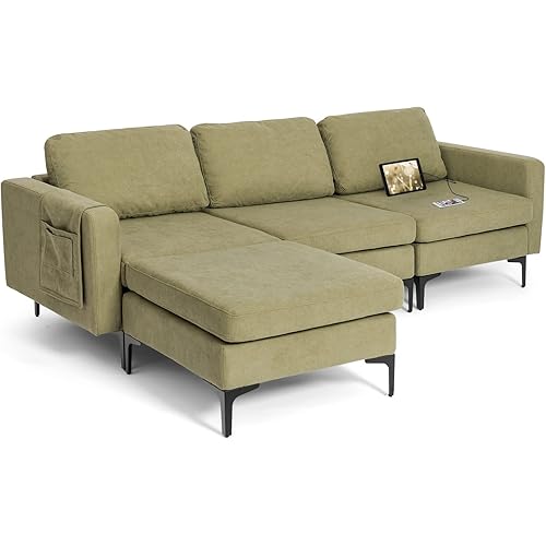 Giantex 94.5" L Large Convertible Sofa Couch, 3 Seat Sectional Sleeper with USB Ports & Socket, Reversible Chaise Lounge, Storage Box, L-Shaped Modular Sofa for Living Room Bedroom Office Green