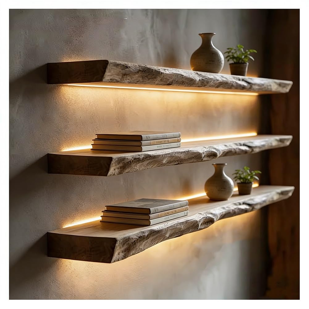 Estantes flotantes de pared con LED, Estante de pared de madera con luz