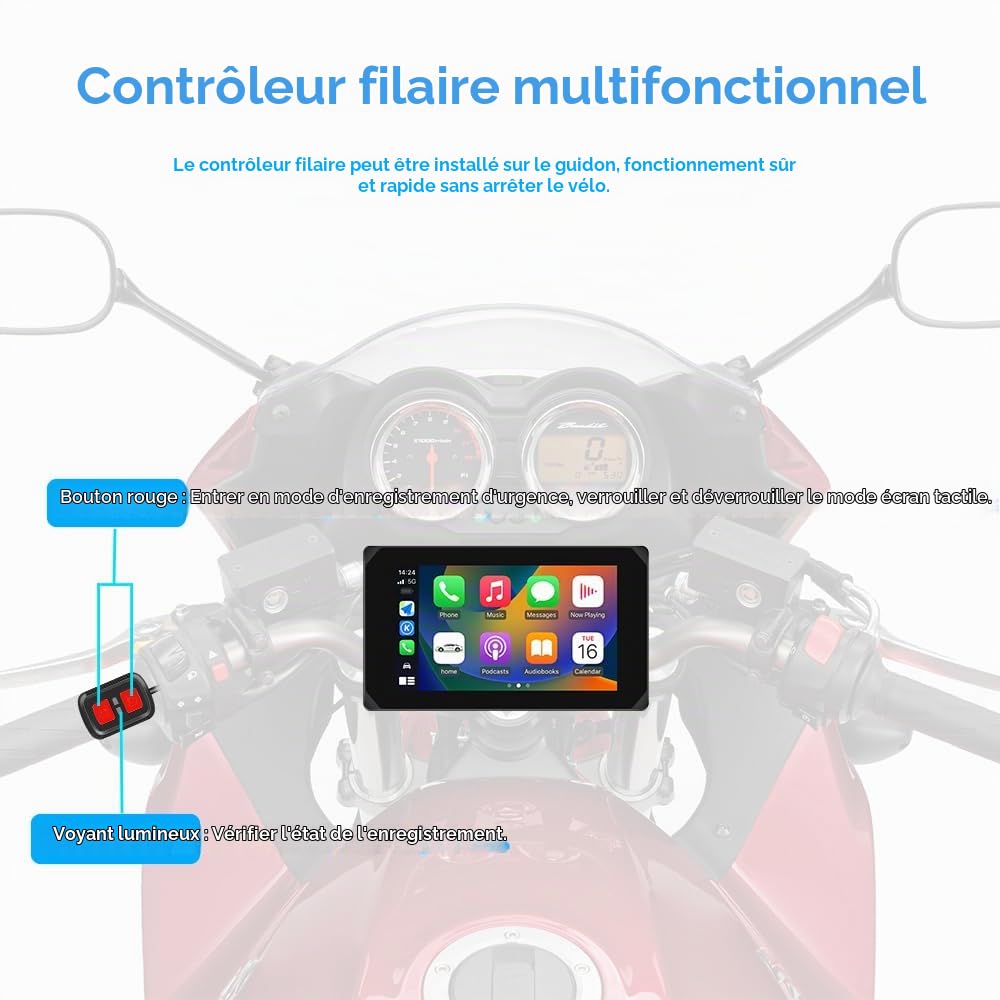 VSYSTO Moto CarPlay & Android Auto sans Fil avec Écran Doubles Caméras 1080P Avant et Arrière, Dashcam Moto Étanche de 5 Pouces, Écran Tactile HD, Navigation GPS, TPMS et Application Wi-FI