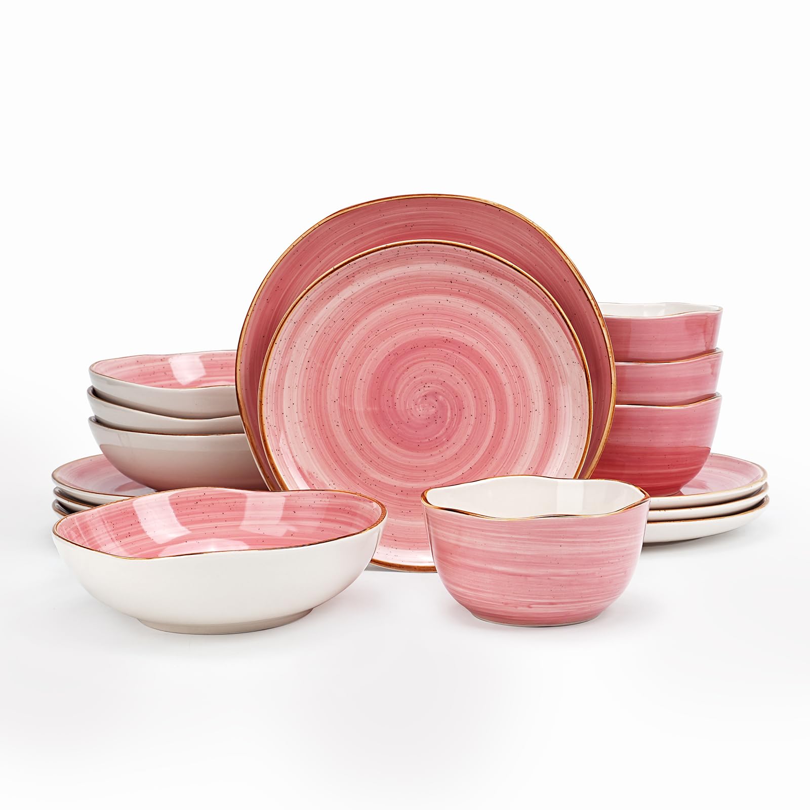 Home VSS Highland 16-Piece Dinnerware Set Service for 4, Organic Shape Stoneware Plates and Bowls Set, Scratch Resistant, Microwave and Dishwasher Safe, Speckled Effect Handcrafted, Swirl Pink