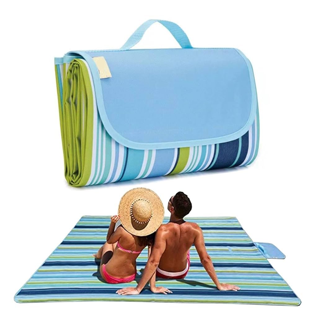 HVG TRADERS Beach Blanket Outdoor Picnic Blanket Mat Extra Large Waterproof Sand Proof Camping Blanket Lightweight Foldable and Portable with Strap Family Sized for Picnic (Blue Line)