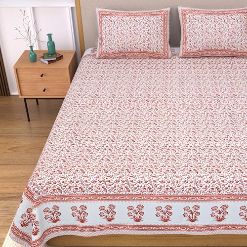Image of India 100% Pure Cotton Jaipuri Printed Double Bedsheet with 2 Pillow Covers | Traditional Sanganeri Floral Design | Soft Breathable Fabric | King Size Bedsheet for Bedroom (Kaya32)