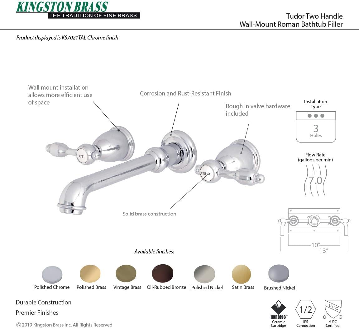 Buy 1 get 1 Kingston Brass KS7028TAL Tudor Roman Tub Faucet, 10-7/16 Inch in Spout Reach, Brushed Nickel