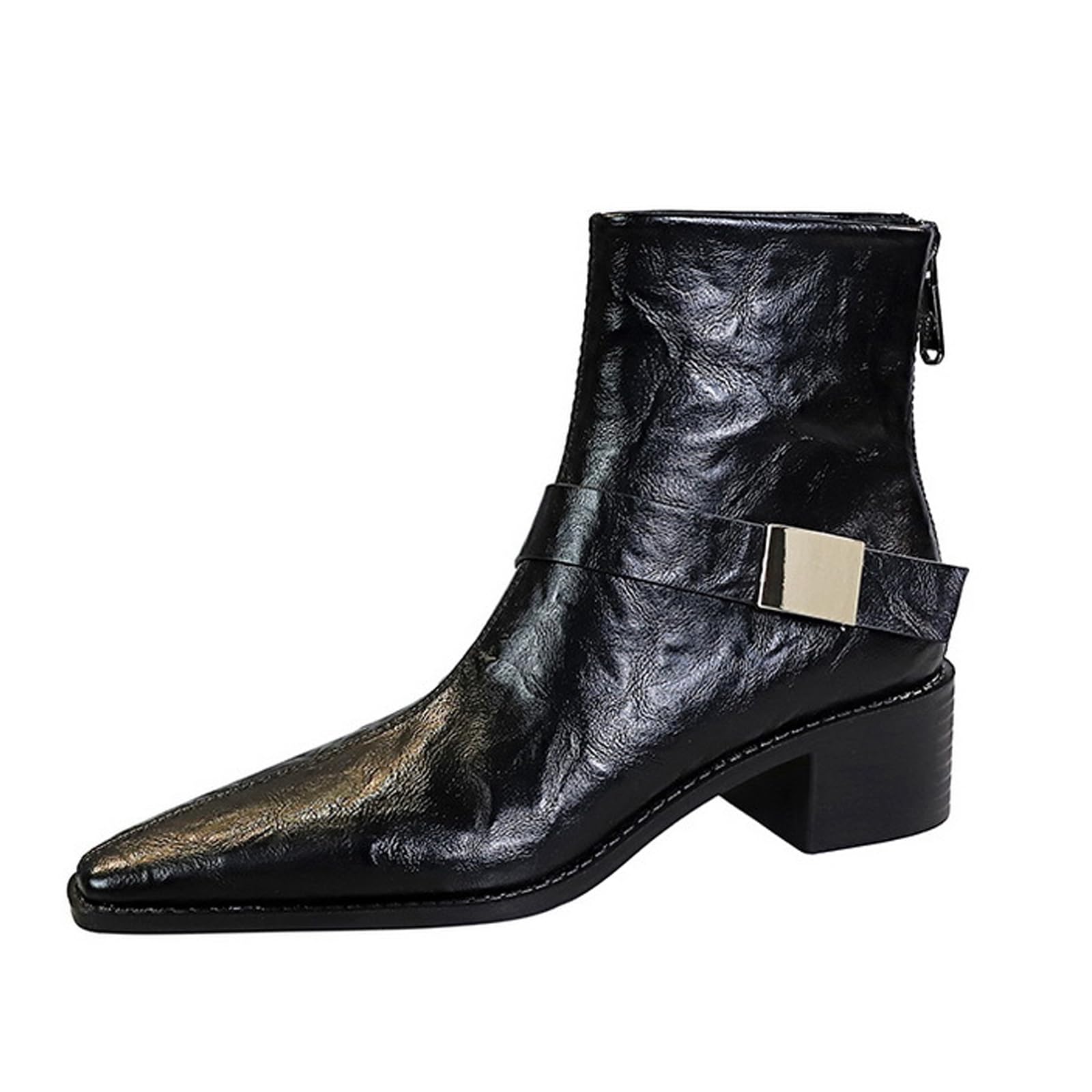 Womens Faux Leather Chunky Heel Pointed Toe Retro Ankle Boots With Zipper Fashionable Metal Buckle Decoration Non-Slip Formal