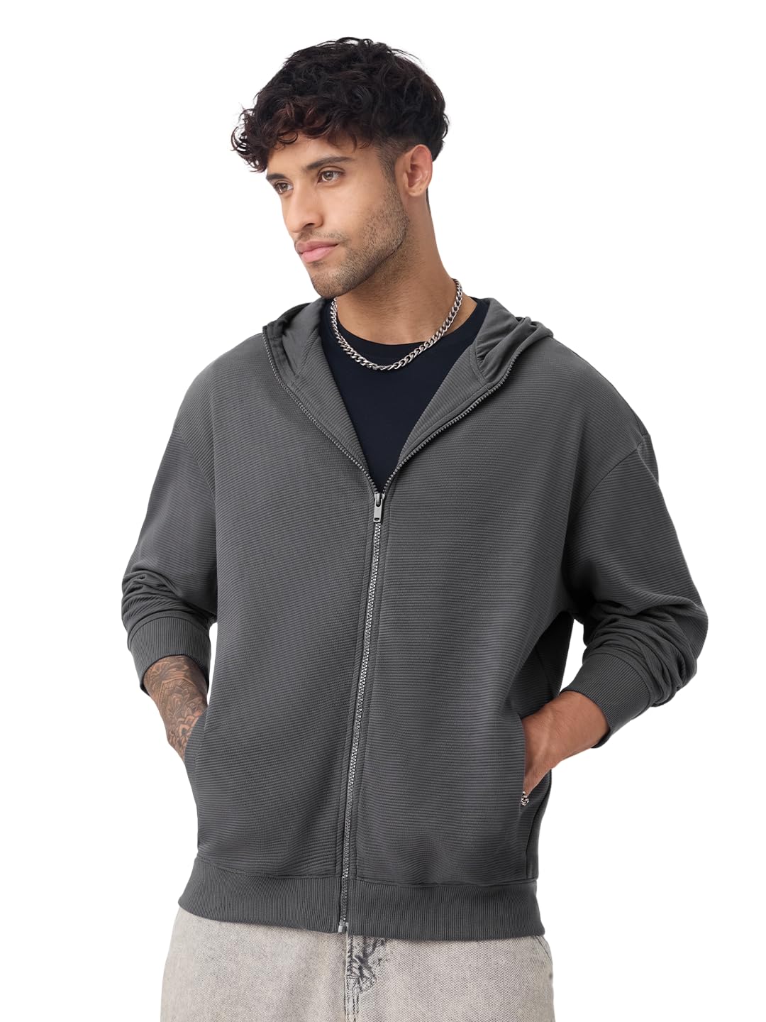 Smoke Grey Men and Boys Full Sleeves Hooded Neck Solid Cotton Blend Oversized Fit Everyday Casual Winter Wear Zipper Hoodie-image-25