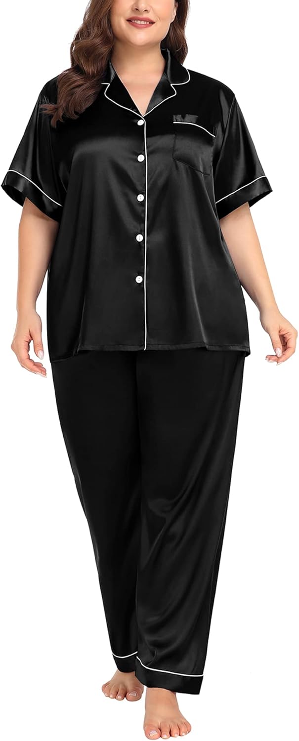 SWOMOG Women's Plus Size Pajamas Silk Satin Pajama Set Short Sleeve Shirt with Full-Length Pants Pjs Sleepwear Set 18W-26W - Image 2