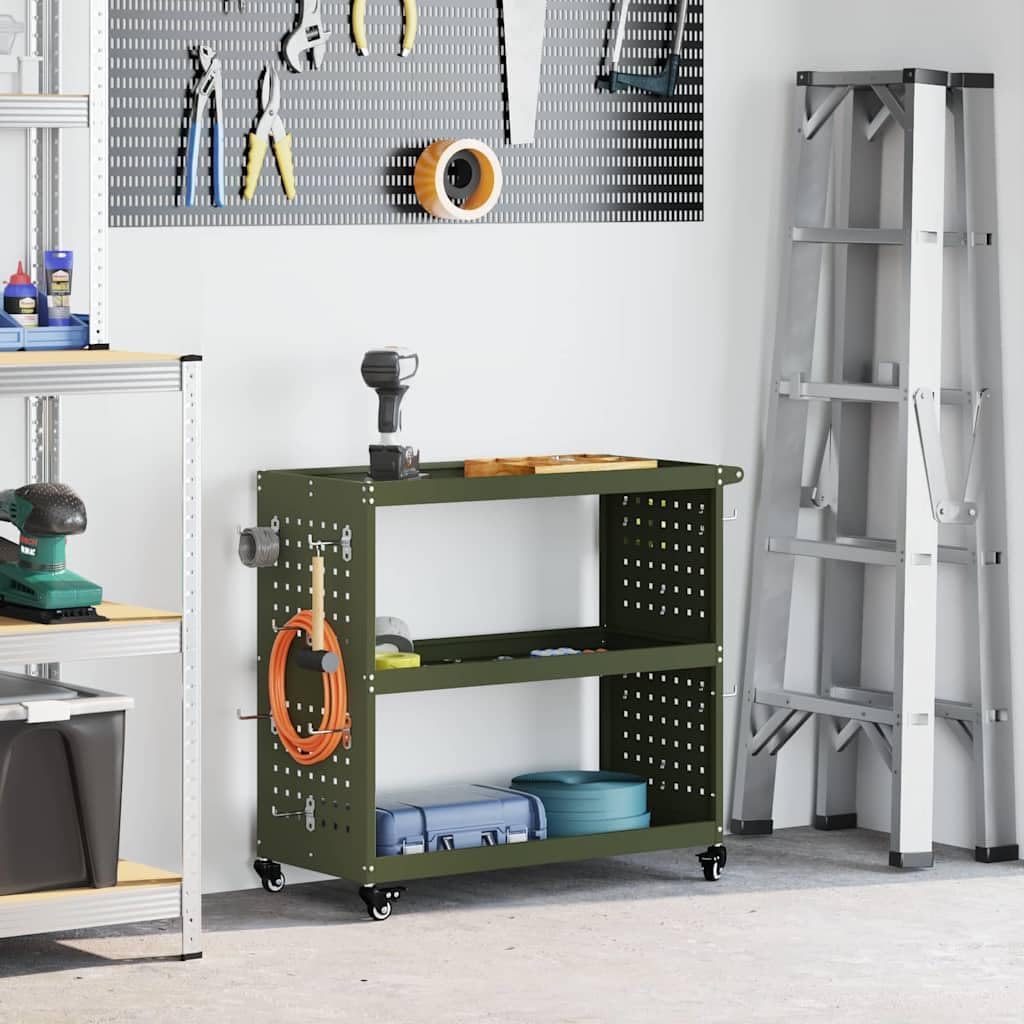 Mangloder - Carrello portautensili in acciaio laminato a freddo, 75 x 35 x 73 cm, con 3 ripiani, 12 ganci, ruote bloccabili, per officina, garage, cantina, hobby, colore: verde oliva