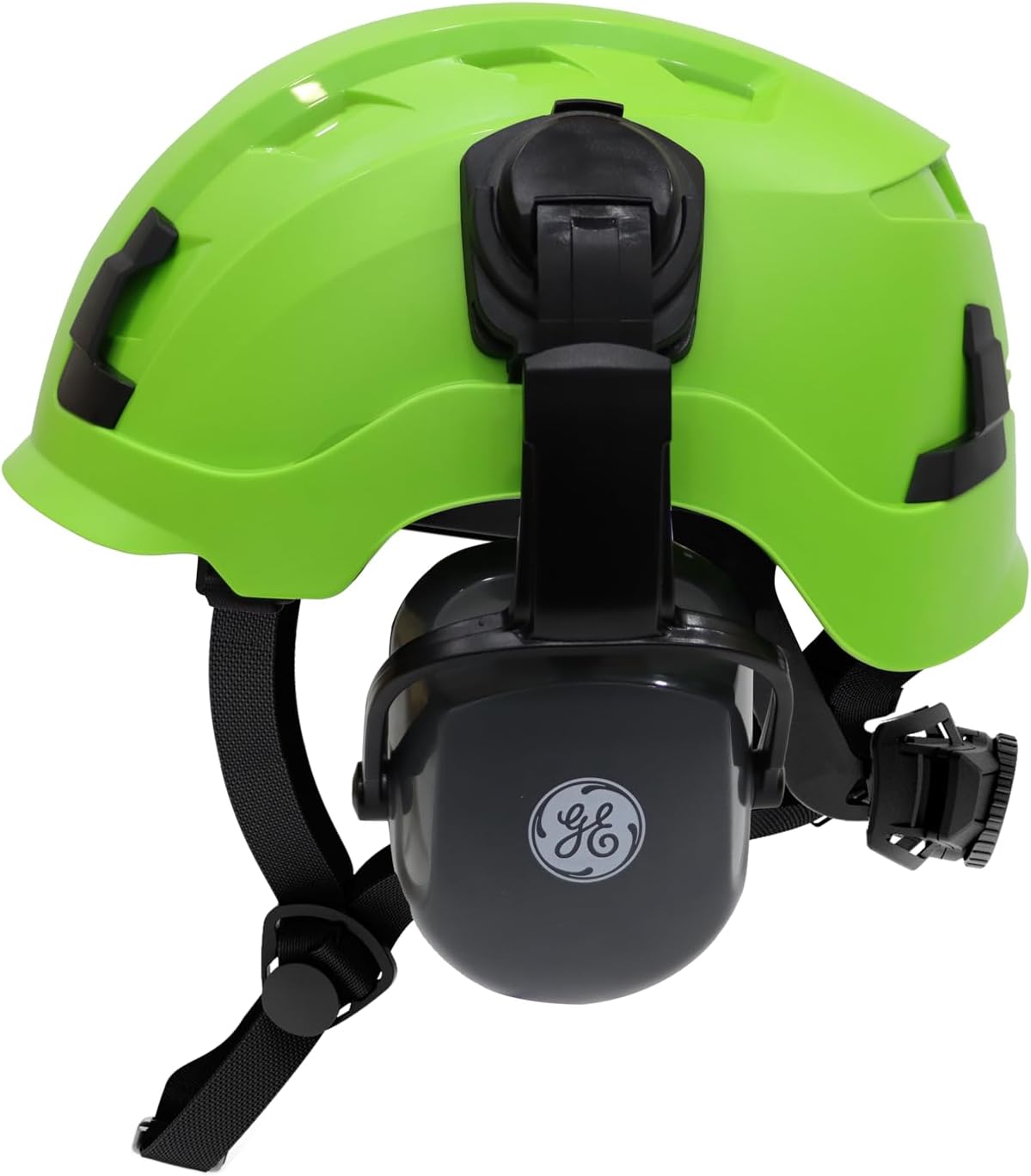 GE Safety Helmet with Cap Mounted Earmuffs, Non-Vented, with Koroyd Impact Absorbing Technology, Reduces Heat Stress, Hard Hat with Memory Foam Padding, ANSI Type 1 Class G & E, Green GH401GN