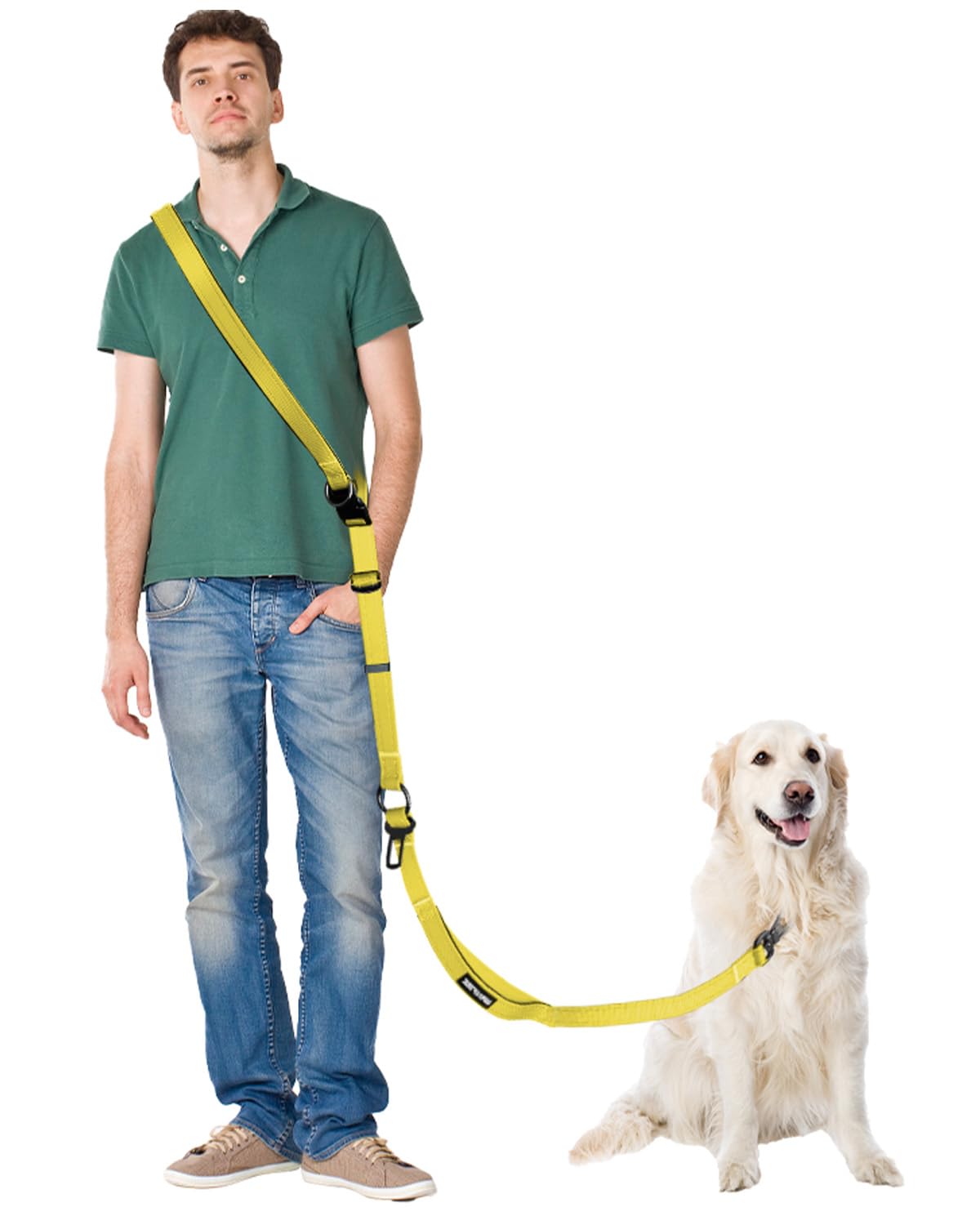 Hands Free Dog Lead, Multifunctional Crossbody Dog Lead, Long Waist Belt with Car Seatbelt and Double-Sided Reflective Stitches for Medium and Large Dog. (Yellow, 1.8-2.9M-Large)