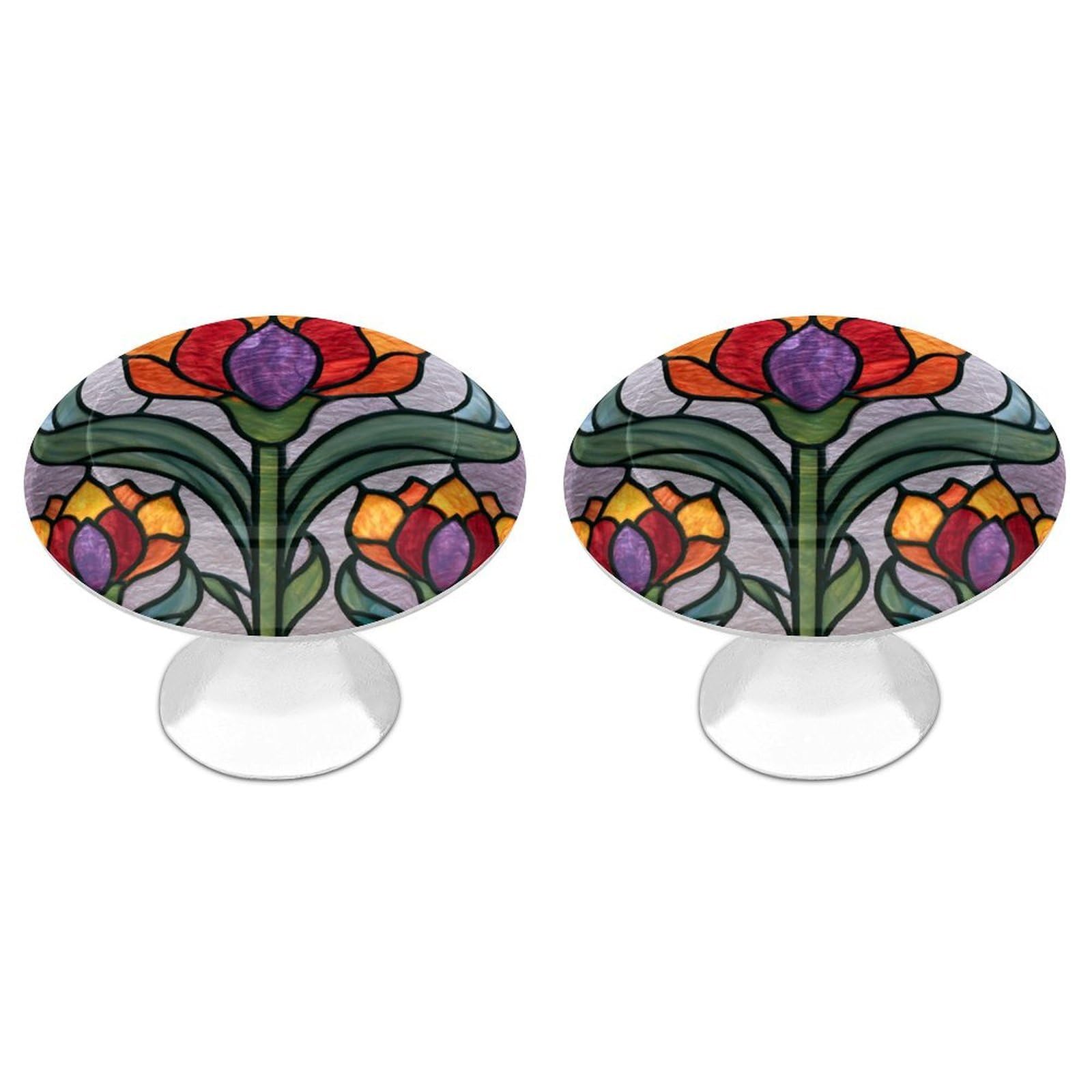 Jubonexis Stained Glass Large Flower Orange Red Petals Round Drawer Cabinet Knobs Handles with Screws,2 Pcs, Drawer Dresser Knob Pulls Decor for Wardrobe Cupboard Home Office Kitchen
