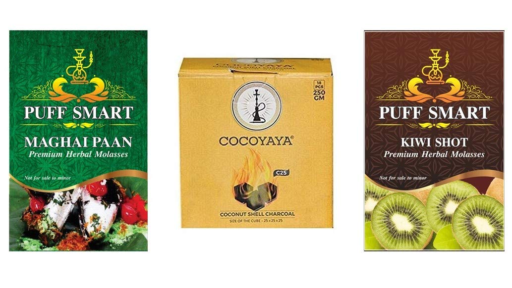 PUFF SMART Premium Herbal Molasses Maghai Paan, Kiwi Shot with 250gm Coconut Coal Combo (Set of 3) (100% Tobacco and Nicotine Free)-image-33
