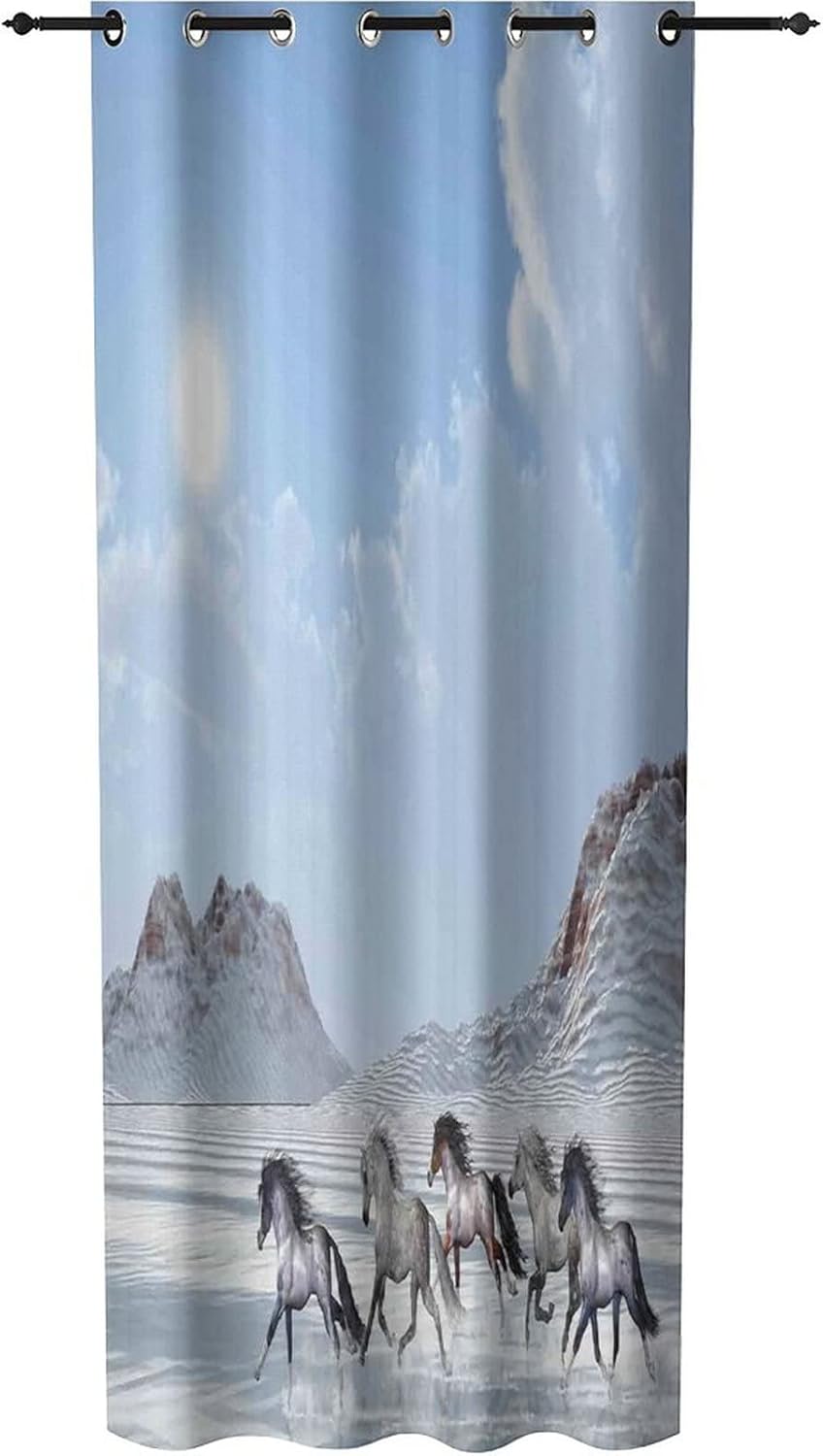 Doorway Curtain Panel Room Divider Solid Blackout Curtains, Horses Grommet Drapes Darkening Window Treatment, Herd of Wild Noble Horses Run in Snow Winter Print Door Curtain, 1 Panel,42 x 80 inches