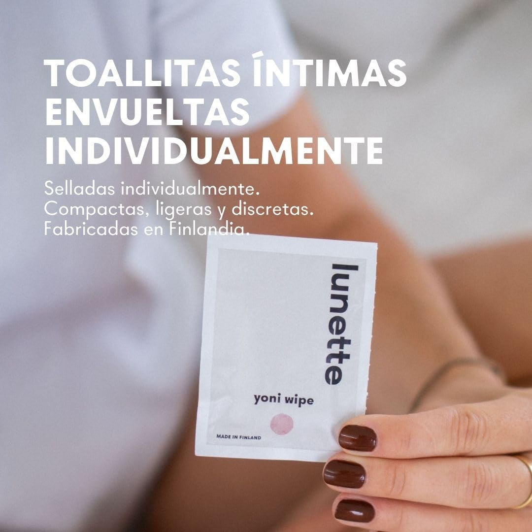 Lunette Toallitas Íntimas Yoni con pH Equilibrado, 20 uds | Para piel Sensible, Sin Perfume, Envueltas Individualmente, Veganas, Tamaño de Viaje, Compostables, Fabricadas en Finlandia