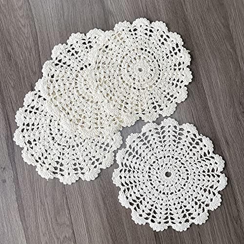 4 PCS Beige 7 Inch Round 100% HANDMADE Crochet Lace Coaster Placemats Doilies (Beige, 7")