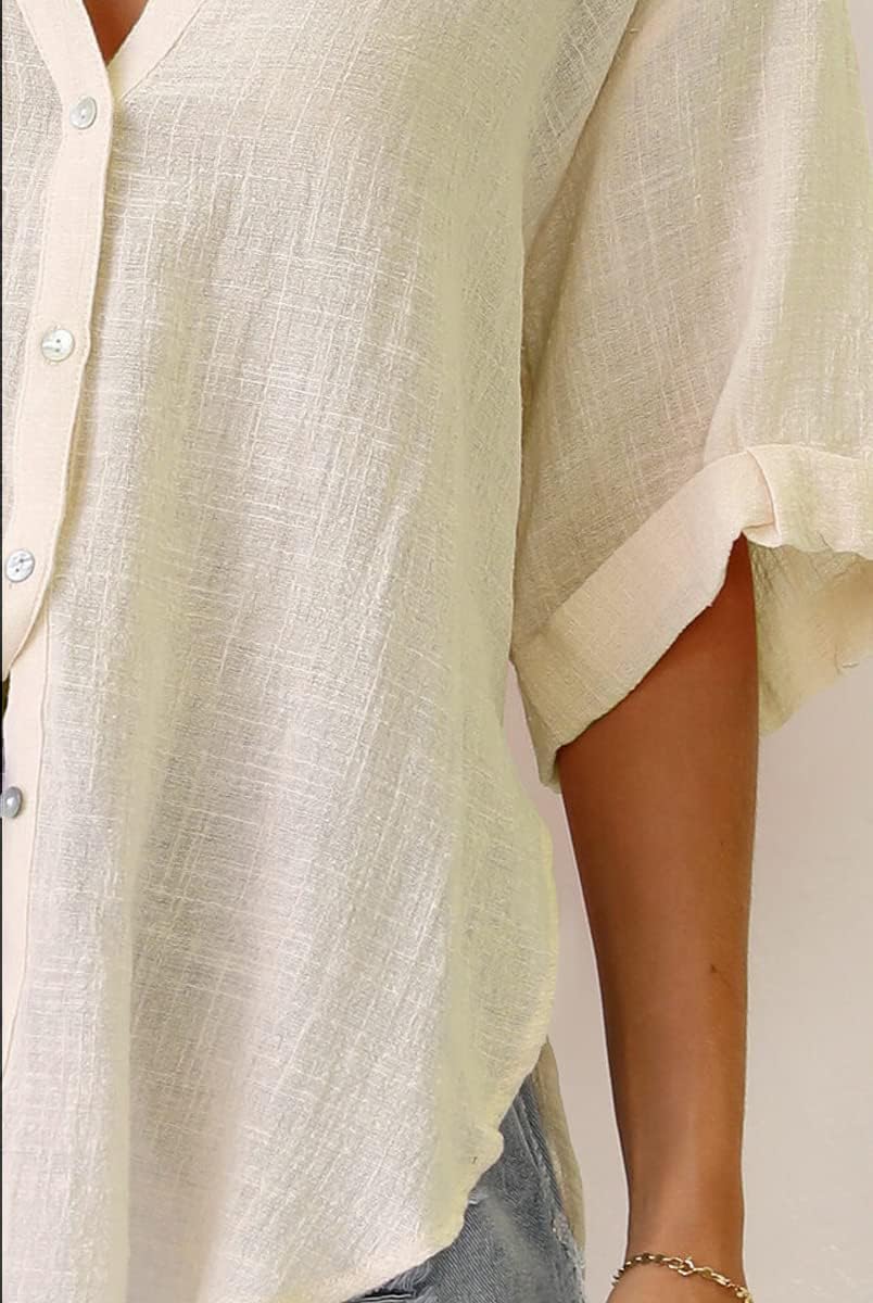 Womens Button Down Linen Shirts V Neck Roll Up Cuffed Sleeve Blouses Loose Collared Shirt Casual Formal Work Office Tops - Image 7