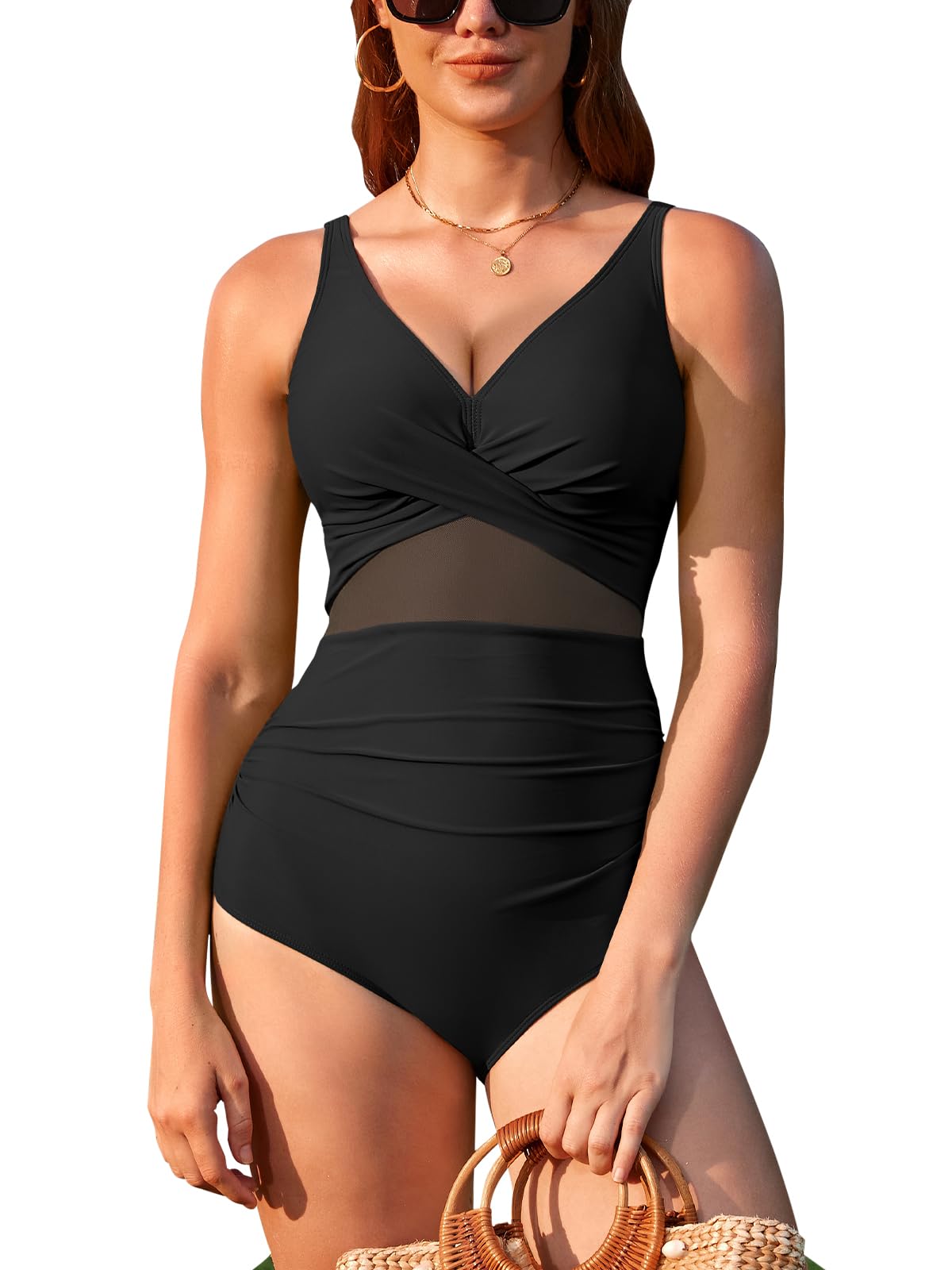 SHEKINI Ajustable Traje de baño de Una Pieza Bañador Mujer Cuello en V Cutout Bañador de Una Pieza para Mujer