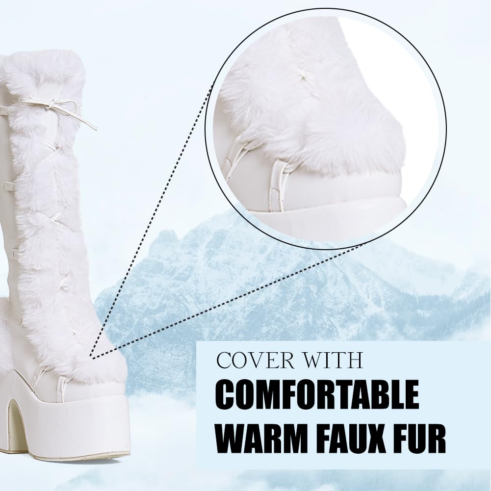CELNEPHO Knee High Boots For Womens Side Zipper Warm Faux Fur Platform Chunky Heel Punk Goth Walking Winter Snow Boots: 7 A-white