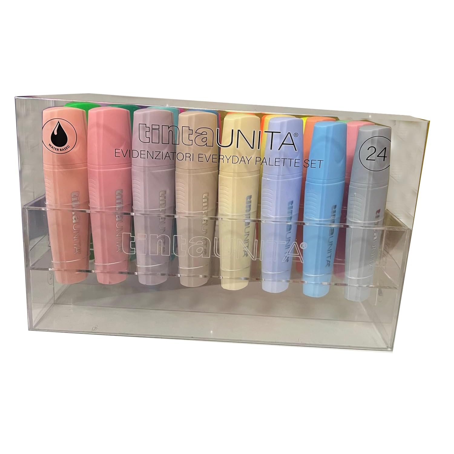 Tinta Unita Textmarker-Set, 24 Neon- und Pastellfarben, transparente Acrylbasis mit doppelter Halterung, Abmessungen 18 x 14 x 12 cm
