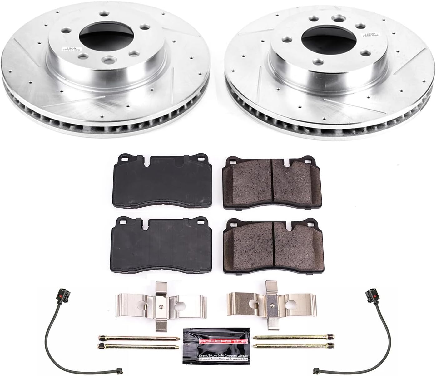 Power Stop K8821 Front Z23 Daily Driver Carbon-Fiber Ceramic Brake Pads and Drilled and Slotted Rotors Kit and 2 Front Sensor Wires For Volkswagen Touareg 2011-2017 [Model Specific]