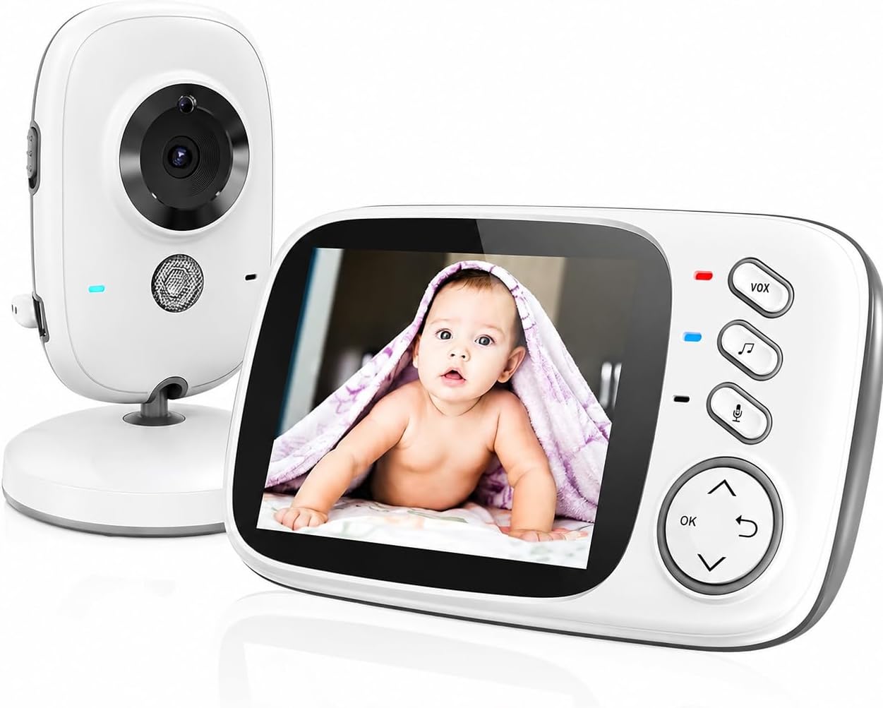 Babá Eletrônica Câmera para Bebês com Tela de 3.2″ Visão Noturna 10M Infravermelha Monitoramento Temperatura, Áudio Bidirecional, Detecção de Som VOX, Modo Soneca Contem Visão Noturna Canção de Ninar