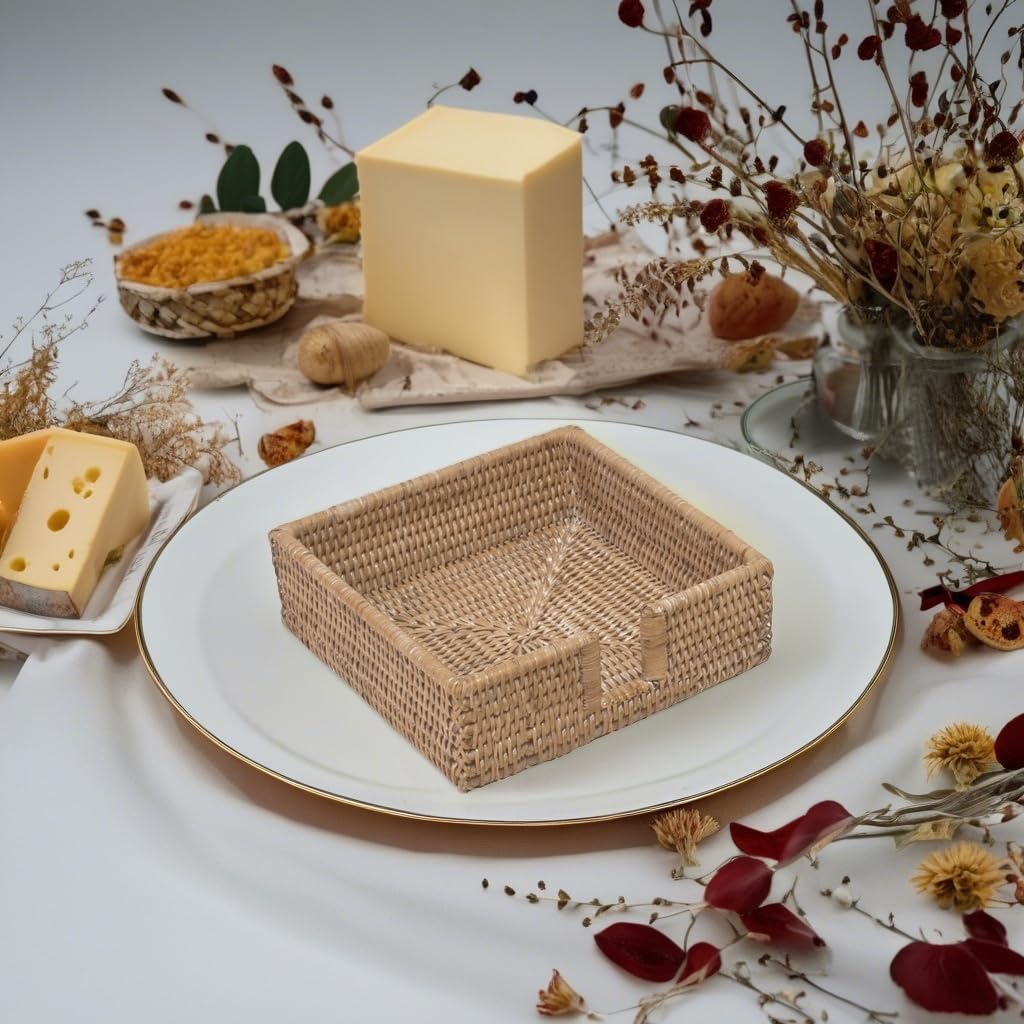 Caspari Rattan Luncheon Napkin Holder in Light Natural Brown, 19 x 19 cm, HL01W, Off-white, 17.8 x 17.8 x 5.1 cm - Image 4