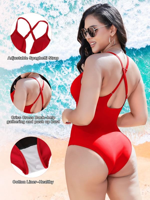 SHAPERIN Women Swimsuit One Piece Bathing Suits Tummy Control Sexy Deep V Neck Padded Push Up Swimwear Monokini - Image 5