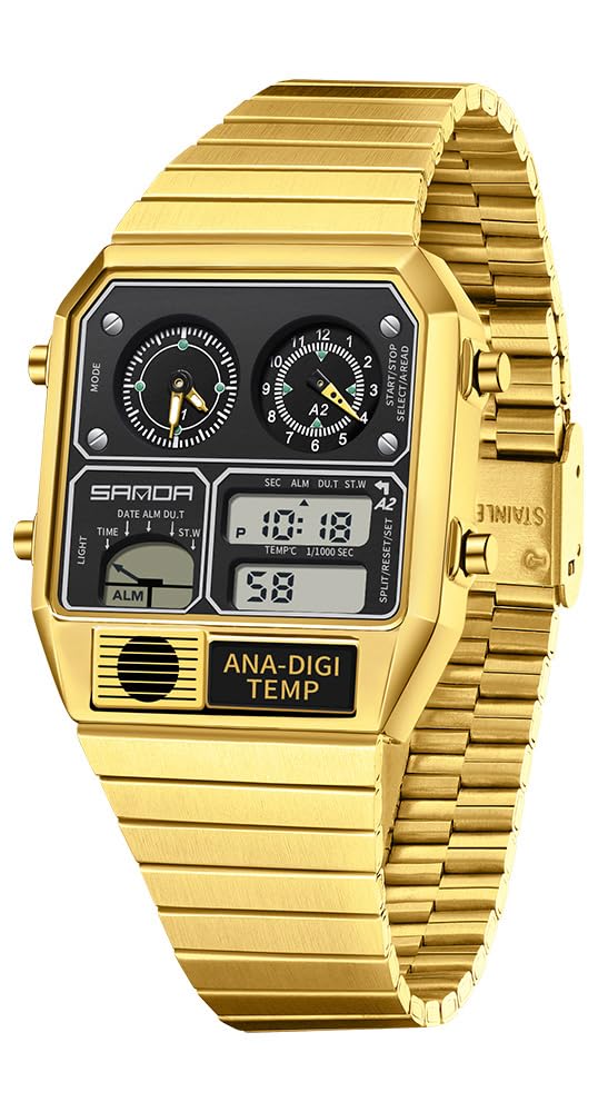 MASTOP Quadratische Retro-Digitaluhr mit Temperaturanzeige, Unisex, 19,1 cm, analog, 3 Zeitzonen, leuchtende Hintergrundbeleuchtung, 50 m wasserdicht, Wecker, Stoppuhr, Woche/Datum, Goldweiß
