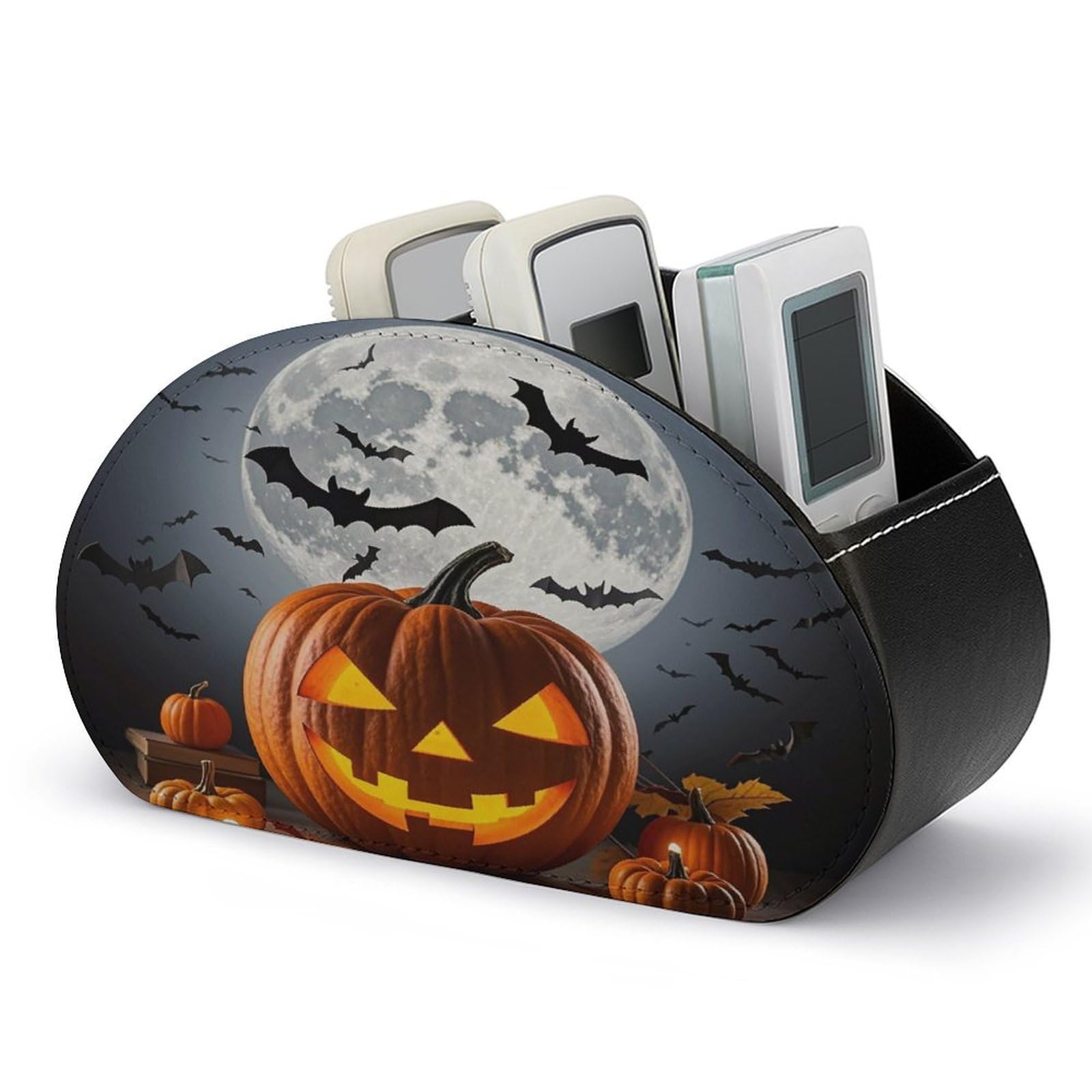 FekiLoot Leather TV Remote Control Holder with 5 Compartments Multifunctional TV Remote Holder Bedside Table Remote Caddy Storage Box Halloween Moon Bat Pumpkin Remote Organizer for Home Office