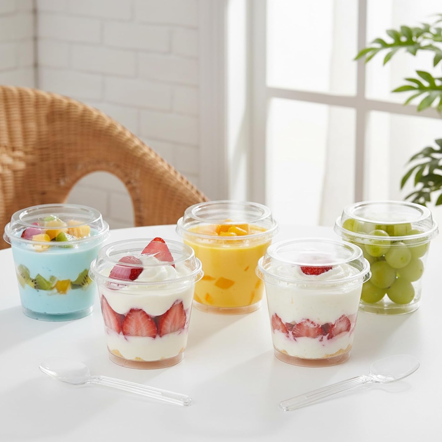 100 Sets Dessert Cups with 100 Lids and Spoons 7 oz Plastic Yogurt Parfait Appetizer Shooter Cups Round Mini Containers for Pudding, Fruit and Ice Cream