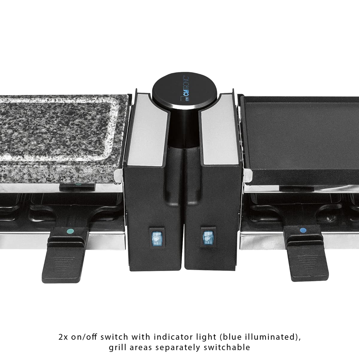 Clatronic RG 3678, 2 w 1 grill raclette, naturalny kamień do grillowania i płyta odlewana z odlewu obrotowego, przegub obrotowy 180°, 8 patelni, może być również stosowany jako raclette dla 4 osób,