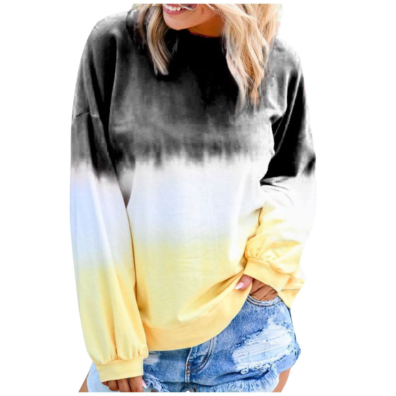 Sudaderas con cuello redondo y teñido anudado para mujer, sin capucha, talla grande, casual, bloque de color, manga larga