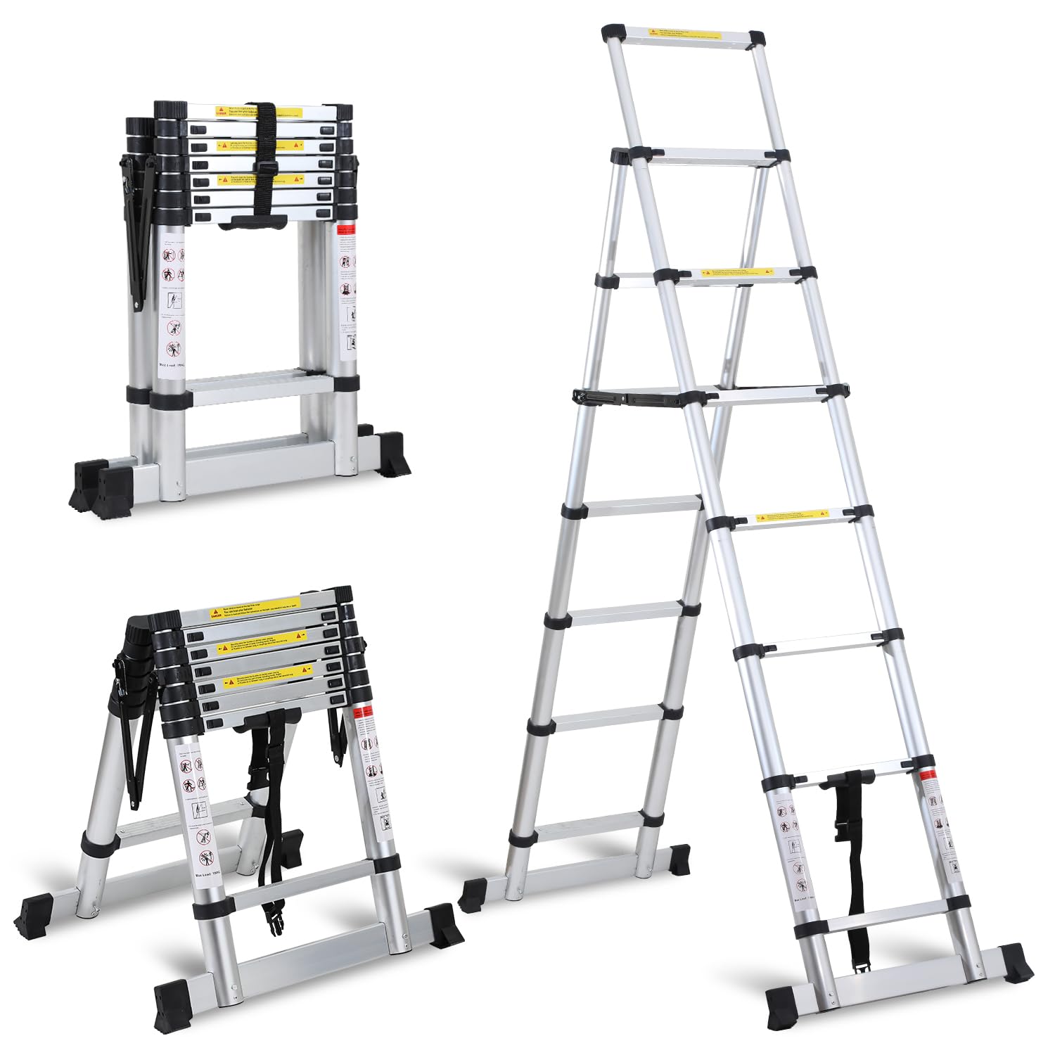 Eulenke Échelle Télescopique, escabeau telescopique 2+2,3m avec Barre stabilisatrice, echelle Pliante Cadre A 6+7 échelons en Aluminium, Charge maximale :150kg, echelle Multifonction Antidérapante