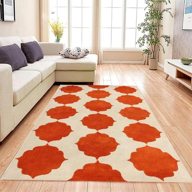 Hand Tufted Orange Geometric Trellis Area Rug 10x14 ft (120x168 inches) | Oversized Carpet for Living Room & Hall | Soft Wool Rug