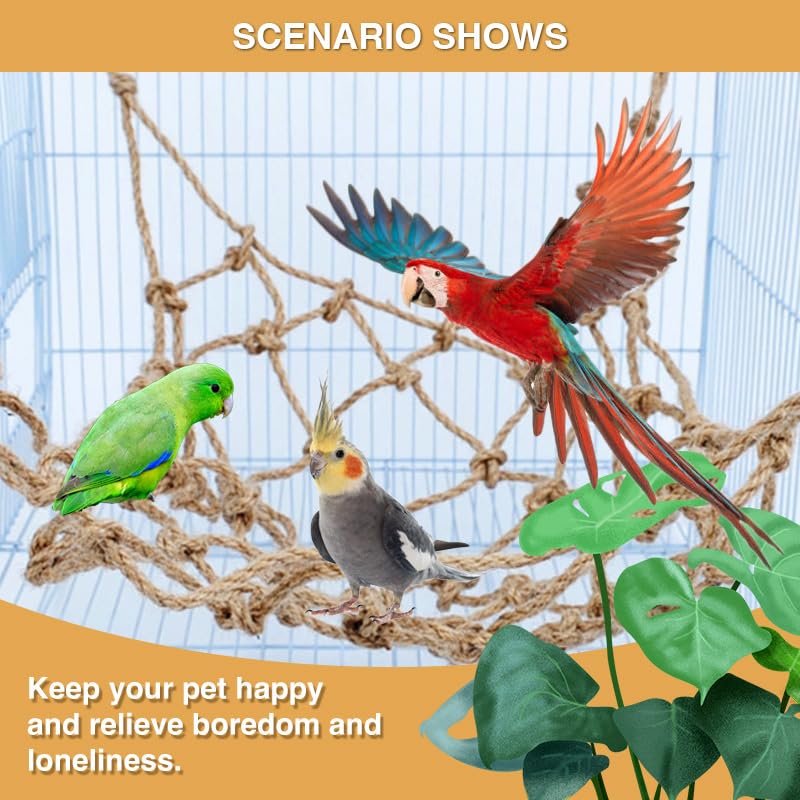 2 Pacchi di Rete di Corda Naturale per Uccelli, Amache a Dondolo per Pappagalli, Amache Sospese per Attività per Ratti, Pappagalli, Ara, Parrocchetto, Calopsitta, Cacatua, Conure, Pappagallo
