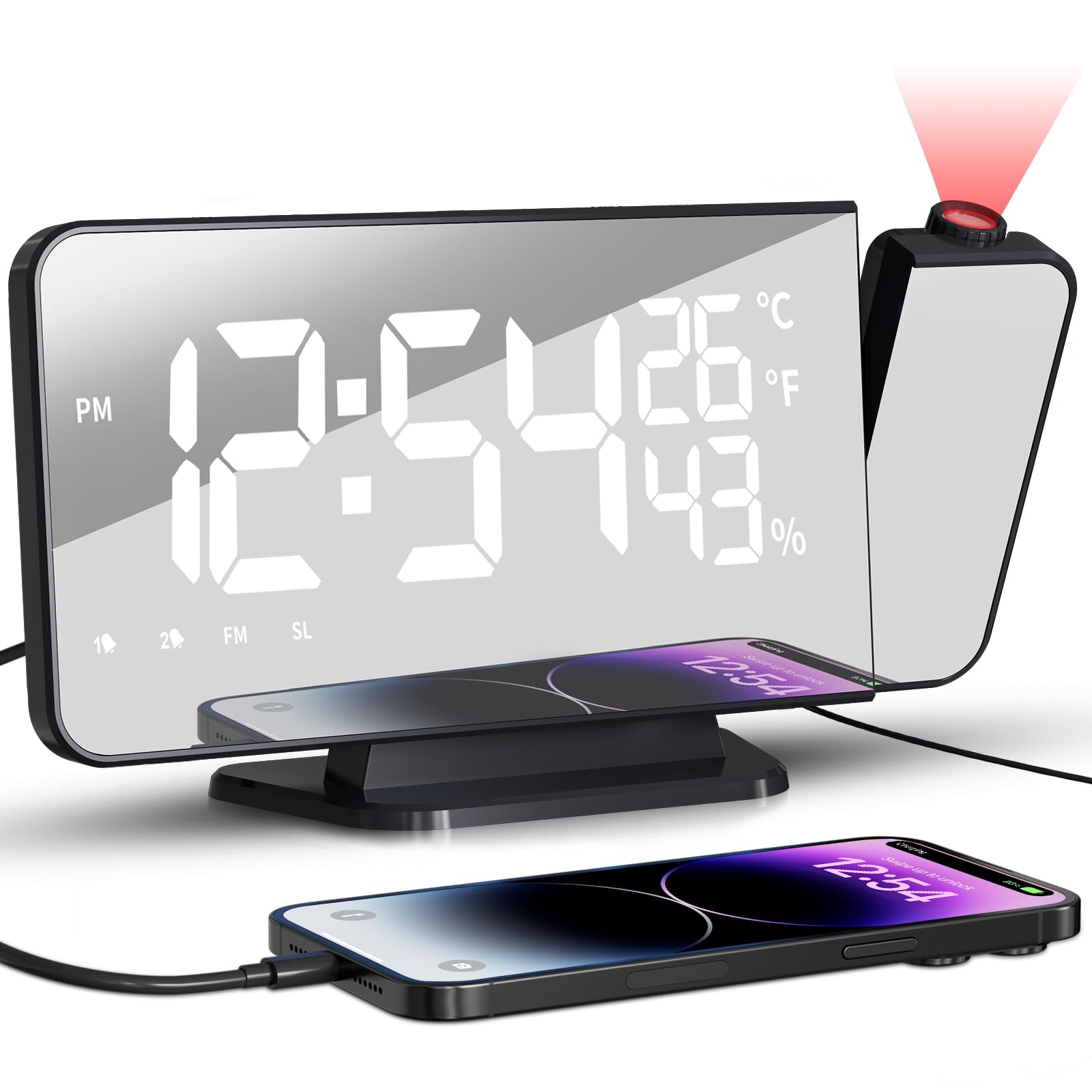TAKRINK Projektionswecker, Wecker Digital mit 180° Projektion, Reinweiß | 5,5 Zoll LED-Display, 12/24H, FM-Radio, Snooze 5–60 Min., 4 Helligkeiten, USB-Ladeausgang