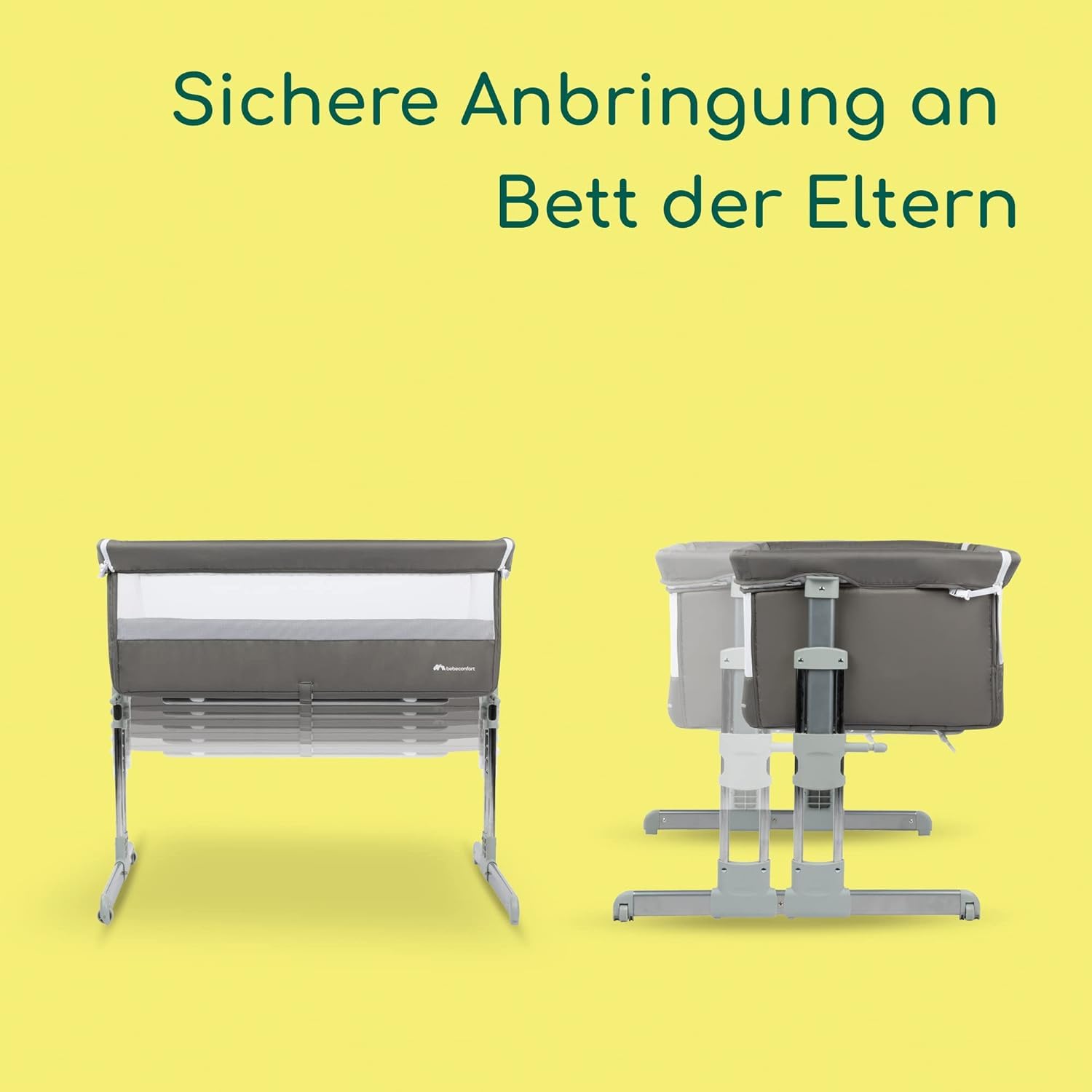Bebeconfort Calidoo, 2-in-1 Beistellbett Baby & Stubenwagen, 0–6 Monate (0–9 kg), verstellbarer Co-Sleeper, 5 Höhen, große gepolsterte Matratze, Seiten aus Netz, faltbare Seite, Grey Mist