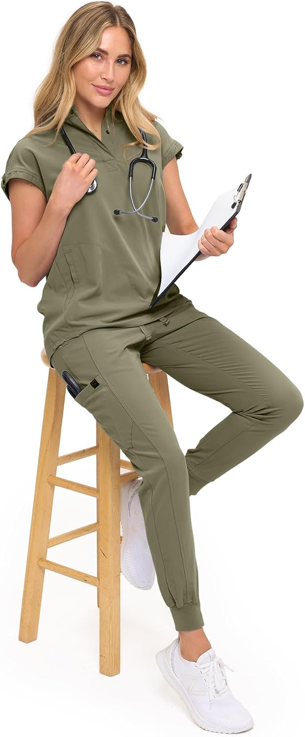 Womens Jogger Scrub Set with Oversized Scrub Top with Mandarin Collar. Supreme Comfort Scrub Set for Women - Image 6
