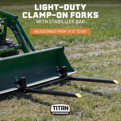 Image of Titan Attachments Light-Duty 60 inch Clamp-On Pallet Forks with Adjustable Stabilizer Bar, 46 inch x 3 inch Fork Length, Rated 2000 LB, Easy to Install on Loader or Skid Steer Bucket