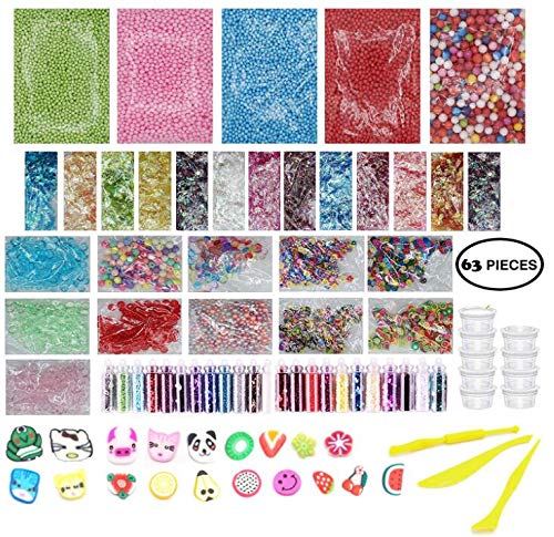 Slime Supplies Kit 63 Pack - Big Slime Making Kit Include Floam Balls Glitter Animal Flower Fruit Slices Fishbowl Beads Paper Sugar - DIY Slime Making Accessories - Slime Making Tools & Containers