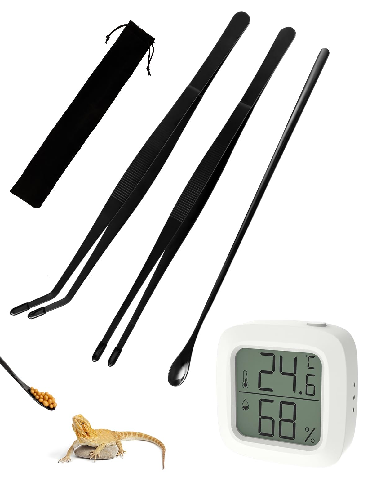 4PCS Reptile Thermometer and Humidity Gauge, 11.8-Inch Reptile Feeding Tongs with Rubber Tips, Digital Thermometer for Reptile Tank, Turtles, Leopard Geckos, Bearded Dragons, and Tank Accessories