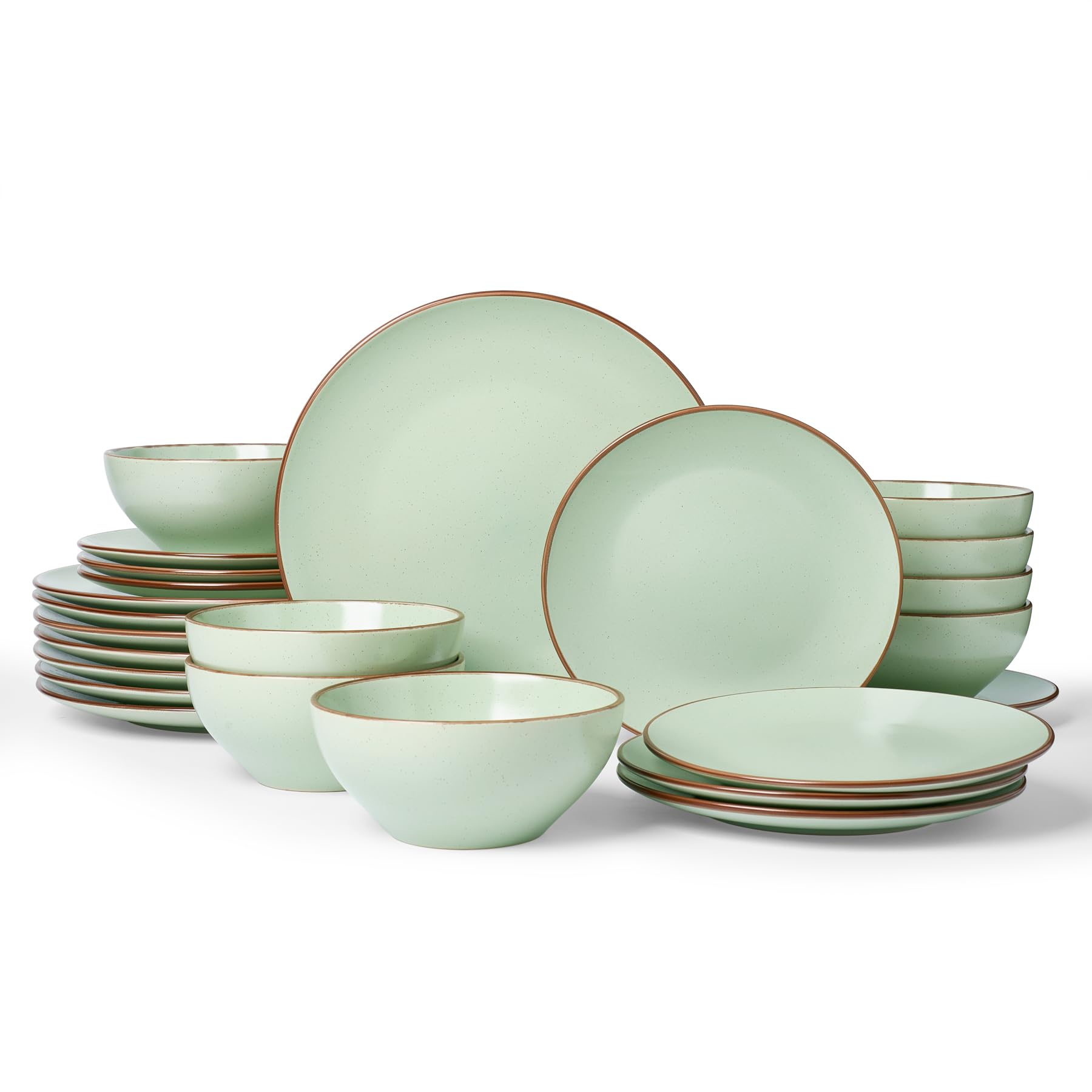 Famiware Venus Ceramic Plates and Bowls Sets, Speckled Dinnerware Dish Sets for 8 (24 Pieces) - Microwave and Dishwasher Safe, Matte Light Green