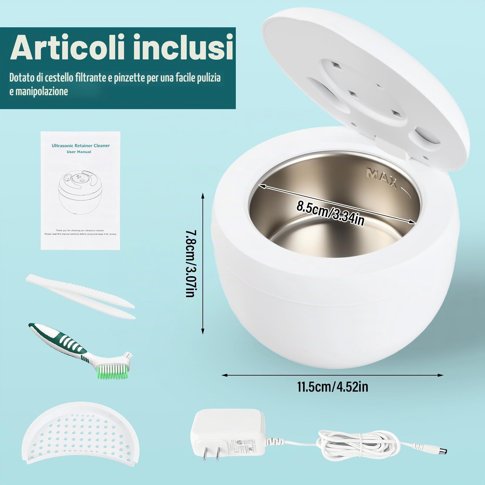 Pulitore Ultrasuoni 45kHz Lampada UV 200ML Ultrasonic Cleaner Pulizia Ultrasuoni per Bite Pulitore a Ultrasuoni per Apparecchio Denti,Protesi Dentarie,Allineatore Dentale,Gioielli,Testine Spazzolini
