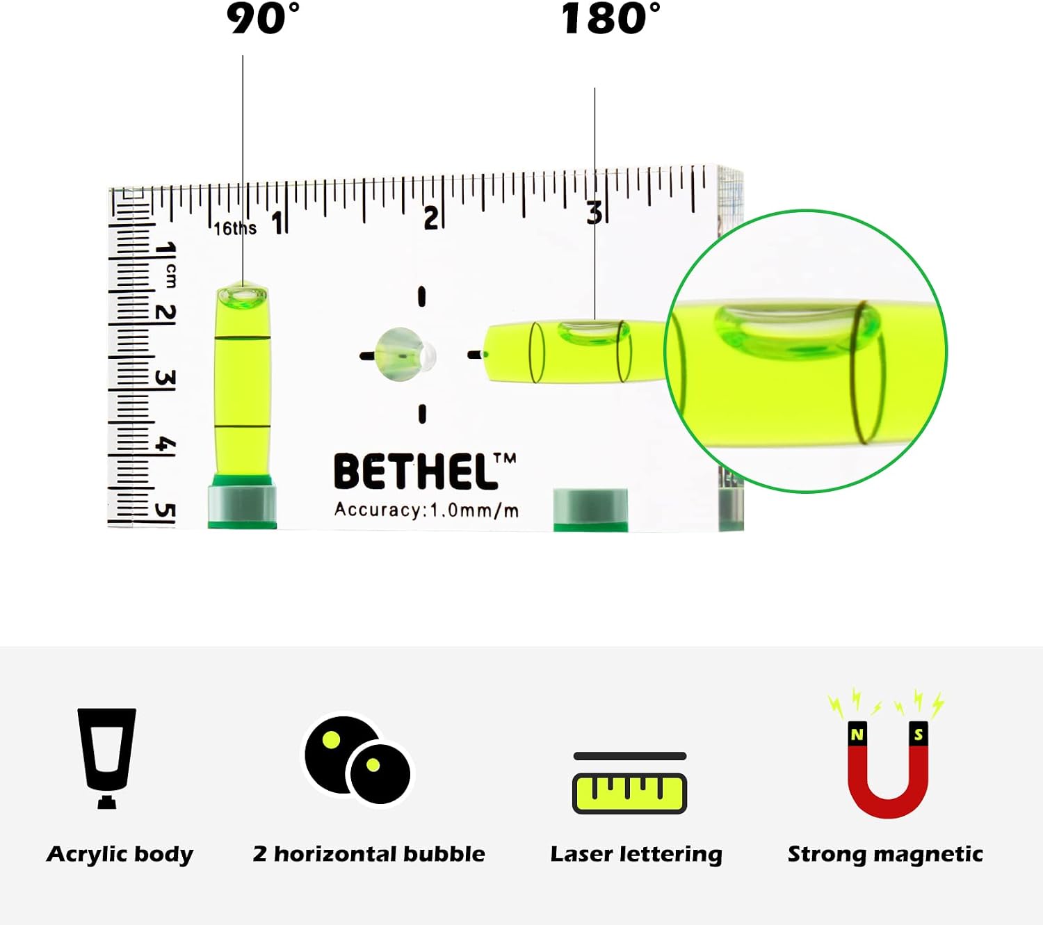 BETHEL Small Level Shatterproof Cross Check Magnetic BubbleLevel 95×13×51MM | Mini PocketLevel 90°/180°SpiritLevel Picture Hanging Levels Mark Measuring Instruments Layout Tools