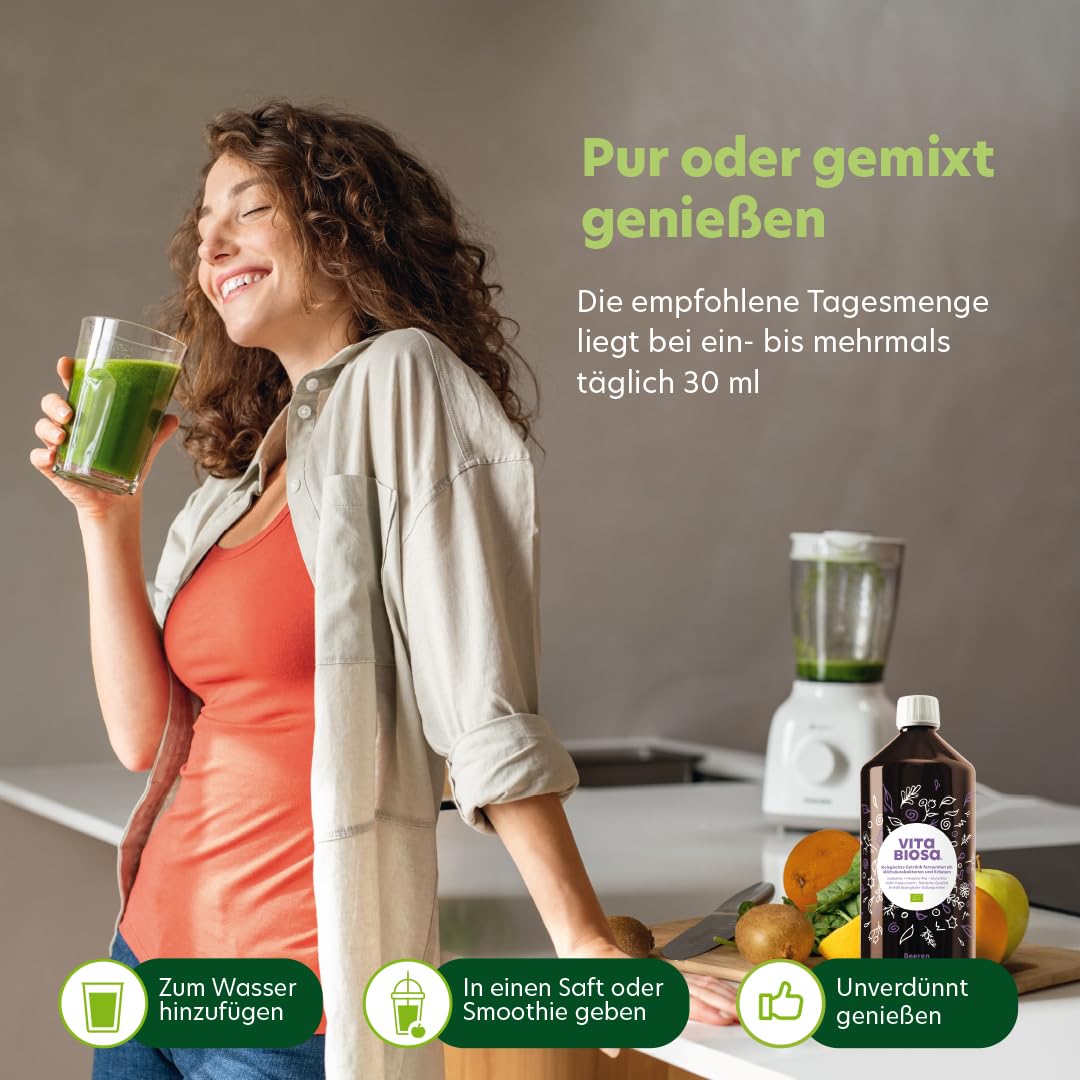 Vita Biosa Bayas 1 L en calidad orgánica, variante agridulce con concentrado de aronia, zumo de grosella y zumo de arándano, en la popular botella de 1000 ml