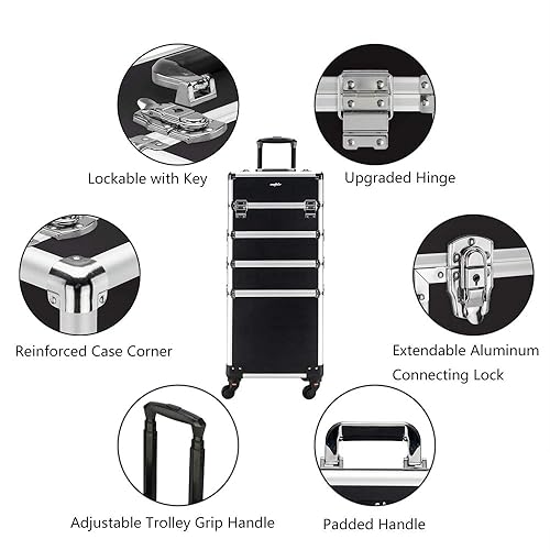 Miniatura 3 de Estuche de maquillaje 4 en 1, organizador de viaje de aluminio, maleta de exhibición de cosmetología sobre ruedas, equipaje de almacenamiento de