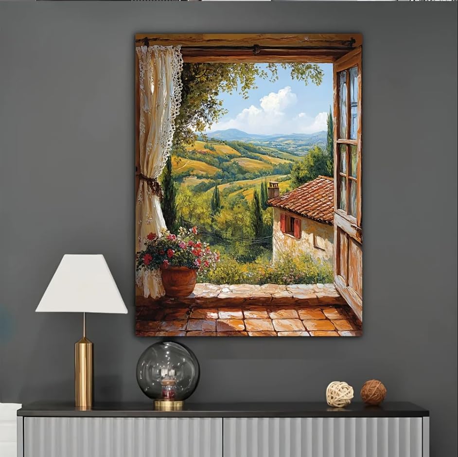 Cuadro decorativo de ventana rústica para dar vida a tu salón con un paisaje de viñedos vintage